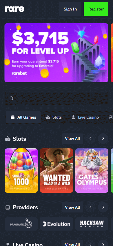 rarebet_casino_homepage_mobile