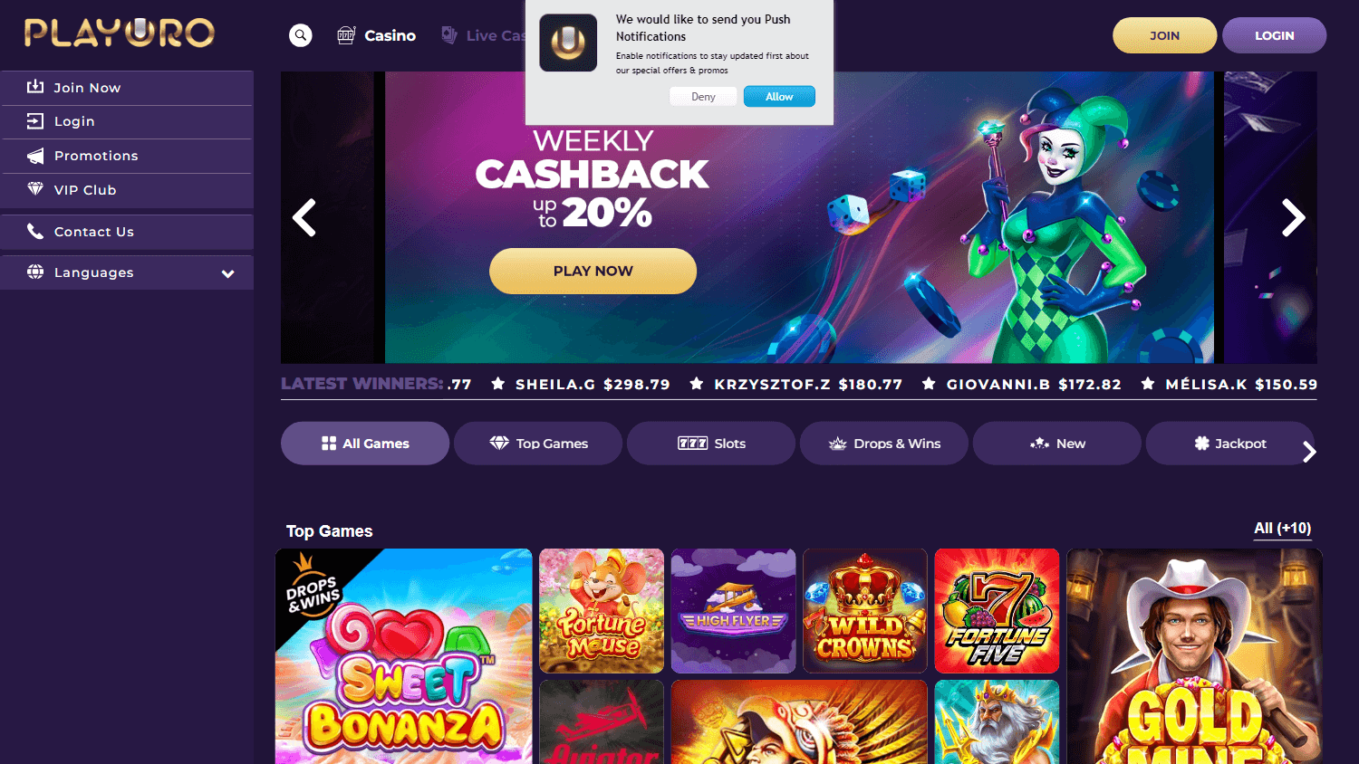 playoro_casino_homepage_desktop