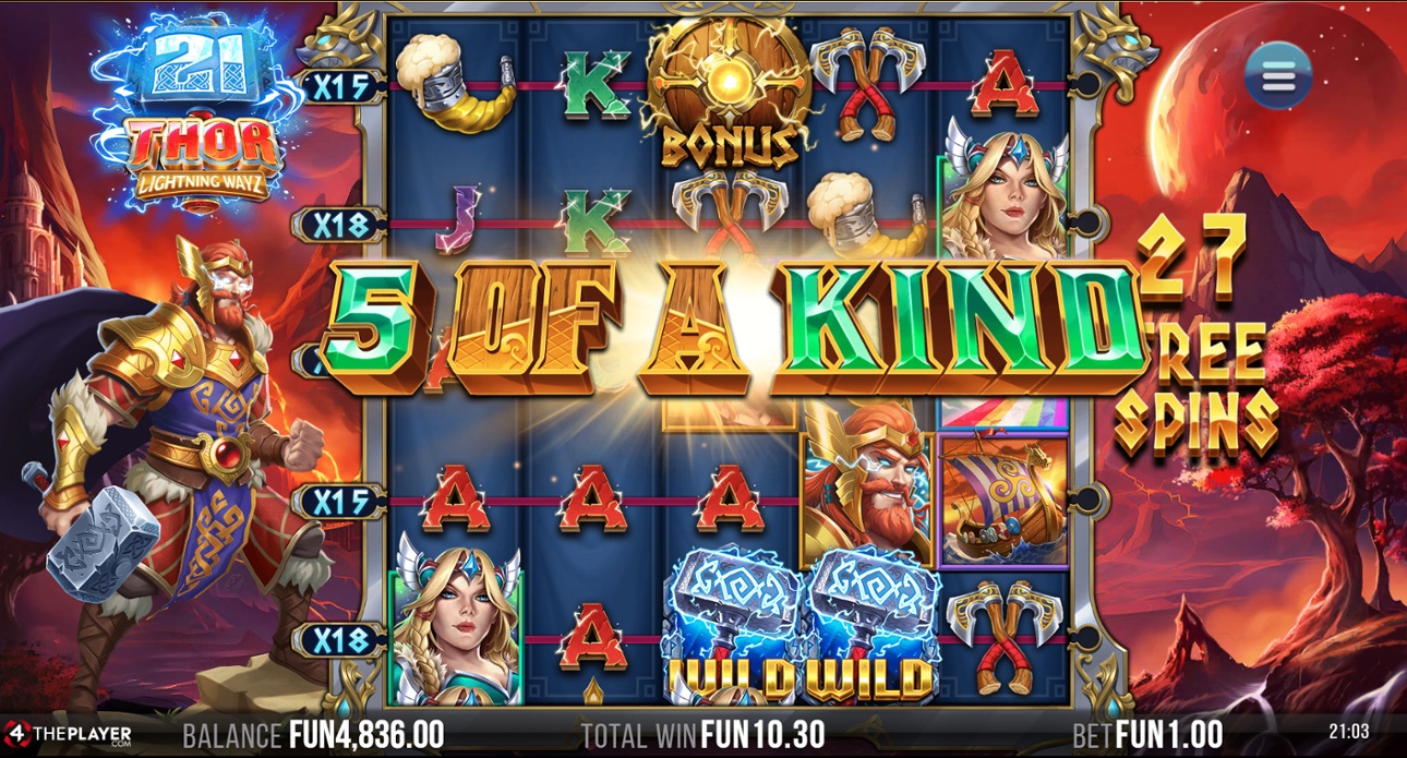 21 Thor Lightning Ways - 5 of a kind win