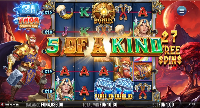 21 Thor Lightning Ways - 5 of a kind win