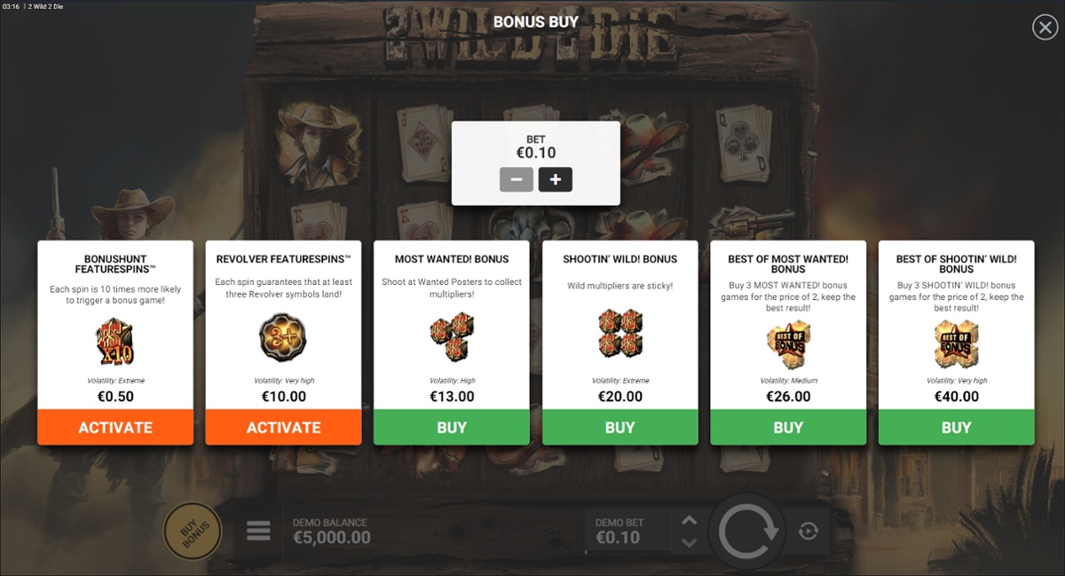 2 Wild 2 Die - Bonus Buy options