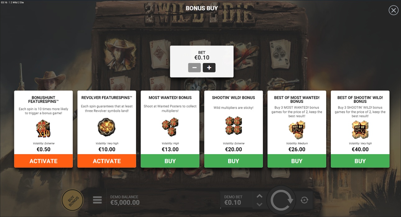 2 Wild 2 Die - Bonus Buy options